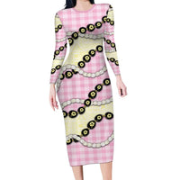 Pink Palaka Hawaii Family Matching Long Sleeve Bodycon Dress and Hawaiian Shirt Kukui Nut Pikake Lei Hawaiian Tapa Pattern LT14 Mom's Dress Pink - Polynesian Pride