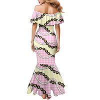 Pink Palaka Hawaii Family Matching Mermaid Dress and Hawaiian Shirt Kukui Nut Pikake Lei Hawaiian Tapa Pattern - Polynesian Pride