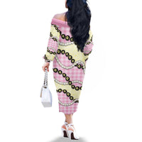 Pink Palaka Hawaii Family Matching Off The Shoulder Long Sleeve Dress and Hawaiian Shirt Kukui Nut Pikake Lei Hawaiian Tapa Pattern - Polynesian Pride