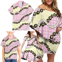 Pink Palaka Hawaii Family Matching Off Shoulder Short Dress and Hawaiian Shirt Kukui Nut Pikake Lei Hawaiian Tapa Pattern - Polynesian Pride