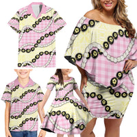 Pink Palaka Hawaii Family Matching Off Shoulder Short Dress and Hawaiian Shirt Kukui Nut Pikake Lei Hawaiian Tapa Pattern - Polynesian Pride