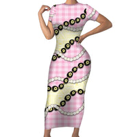 Pink Palaka Hawaii Family Matching Short Sleeve Bodycon Dress and Hawaiian Shirt Kukui Nut Pikake Lei Hawaiian Tapa Pattern - Polynesian Pride