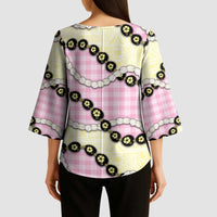 Pink Palaka Hawaii Kimono Sleeve Blouse Kukui Nut Pikake Lei Hawaiian Tapa Pattern - Polynesian Pride