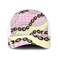 Pink Palaka Hawaii Mesh Trucker Cap Kukui Nut Pikake Lei Hawaiian Tapa Pattern LT14 One Size White Pink - Polynesian Pride