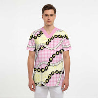 Pink Palaka Hawaii Scrub Top Kukui Nut Pikake Lei Hawaiian Tapa Pattern - Polynesian Pride