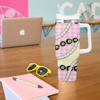 Pink Palaka Hawaii Tumbler With Handle Kukui Nut Pikake Lei Hawaiian Tapa Pattern - Polynesian Pride