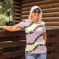 Pink Palaka Hawaii Women Polo Shirt Kukui Nut Pikake Lei Hawaiian Tapa Pattern - Polynesian Pride