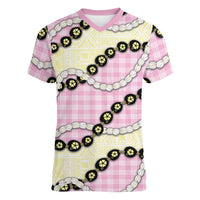 Pink Palaka Hawaii Women V-Neck T-Shirt Kukui Nut Pikake Lei Hawaiian Tapa Pattern - Polynesian Pride