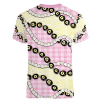 Pink Palaka Hawaii Women V-Neck T-Shirt Kukui Nut Pikake Lei Hawaiian Tapa Pattern - Polynesian Pride