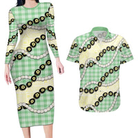 Green Palaka Hawaii Couples Matching Long Sleeve Bodycon Dress and Hawaiian Shirt Kukui Nut Pikake Lei Hawaiian Tapa Pattern LT14 Green - Polynesian Pride