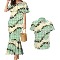 Green Palaka Hawaii Couples Matching Mermaid Dress and Hawaiian Shirt Kukui Nut Pikake Lei Hawaiian Tapa Pattern LT14 Green - Polynesian Pride