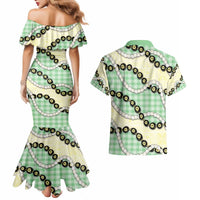 Green Palaka Hawaii Couples Matching Mermaid Dress and Hawaiian Shirt Kukui Nut Pikake Lei Hawaiian Tapa Pattern - Polynesian Pride