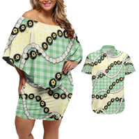 Green Palaka Hawaii Couples Matching Off Shoulder Short Dress and Hawaiian Shirt Kukui Nut Pikake Lei Hawaiian Tapa Pattern - Polynesian Pride