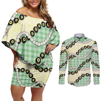 Green Palaka Hawaii Couples Matching Off Shoulder Short Dress and Long Sleeve Button Shirt Kukui Nut Pikake Lei Hawaiian Tapa Pattern - Polynesian Pride