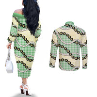 Green Palaka Hawaii Couples Matching Off The Shoulder Long Sleeve Dress and Long Sleeve Button Shirt Kukui Nut Pikake Lei Hawaiian Tapa Pattern - Polynesian Pride