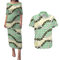 Green Palaka Hawaii Couples Matching Puletasi and Hawaiian Shirt Kukui Nut Pikake Lei Hawaiian Tapa Pattern LT14 Green - Polynesian Pride
