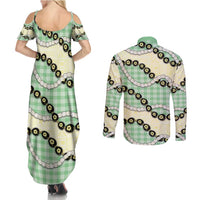Green Palaka Hawaii Couples Matching Summer Maxi Dress and Long Sleeve Button Shirt Kukui Nut Pikake Lei Hawaiian Tapa Pattern - Polynesian Pride