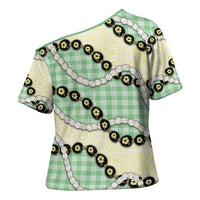 Green Palaka Hawaii Cross Shoulder Shirt Kukui Nut Pikake Lei Hawaiian Tapa Pattern - Polynesian Pride