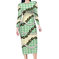 Green Palaka Hawaii Family Matching Long Sleeve Bodycon Dress and Hawaiian Shirt Kukui Nut Pikake Lei Hawaiian Tapa Pattern - Polynesian Pride