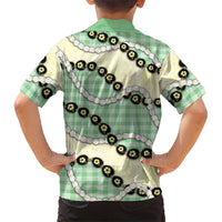 Green Palaka Hawaii Family Matching Off The Shoulder Long Sleeve Dress and Hawaiian Shirt Kukui Nut Pikake Lei Hawaiian Tapa Pattern - Polynesian Pride