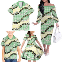 Green Palaka Hawaii Family Matching Off The Shoulder Long Sleeve Dress and Hawaiian Shirt Kukui Nut Pikake Lei Hawaiian Tapa Pattern - Polynesian Pride