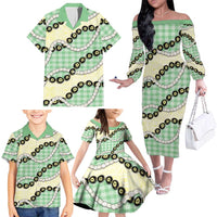 Green Palaka Hawaii Family Matching Off The Shoulder Long Sleeve Dress and Hawaiian Shirt Kukui Nut Pikake Lei Hawaiian Tapa Pattern - Polynesian Pride