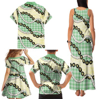 Green Palaka Hawaii Family Matching Tank Maxi Dress and Hawaiian Shirt Kukui Nut Pikake Lei Hawaiian Tapa Pattern - Polynesian Pride