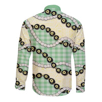 Green Palaka Hawaii Long Sleeve Button Shirt Kukui Nut Pikake Lei Hawaiian Tapa Pattern - Polynesian Pride