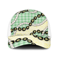 Green Palaka Hawaii Mesh Trucker Cap Kukui Nut Pikake Lei Hawaiian Tapa Pattern LT14 One Size White Green - Polynesian Pride