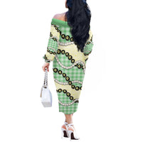 Green Palaka Hawaii Off The Shoulder Long Sleeve Dress Kukui Nut Pikake Lei Hawaiian Tapa Pattern - Polynesian Pride