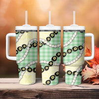 Green Palaka Hawaii Tumbler With Handle Kukui Nut Pikake Lei Hawaiian Tapa Pattern - Polynesian Pride