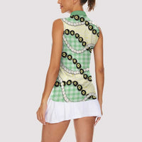 Green Palaka Hawaii Women Sleeveless Polo Shirt Kukui Nut Pikake Lei Hawaiian Tapa Pattern - Polynesian Pride