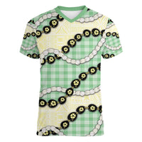 Green Palaka Hawaii Women V-Neck T-Shirt Kukui Nut Pikake Lei Hawaiian Tapa Pattern - Polynesian Pride
