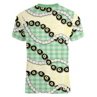 Green Palaka Hawaii Women V-Neck T-Shirt Kukui Nut Pikake Lei Hawaiian Tapa Pattern LT14 - Polynesian Pride