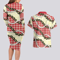 Red Palaka Hawaii Couples Matching Long Sleeve Bodycon Dress and Hawaiian Shirt Kukui Nut Pikake Lei Hawaiian Tapa Pattern - Polynesian Pride