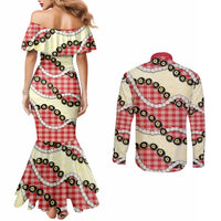 Red Palaka Hawaii Couples Matching Mermaid Dress and Long Sleeve Button Shirt Kukui Nut Pikake Lei Hawaiian Tapa Pattern - Polynesian Pride
