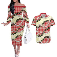 Red Palaka Hawaii Couples Matching Off The Shoulder Long Sleeve Dress and Hawaiian Shirt Kukui Nut Pikake Lei Hawaiian Tapa Pattern LT14 Red - Polynesian Pride