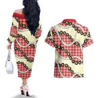 Red Palaka Hawaii Couples Matching Off The Shoulder Long Sleeve Dress and Hawaiian Shirt Kukui Nut Pikake Lei Hawaiian Tapa Pattern LT14 - Polynesian Pride