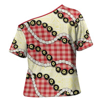 Red Palaka Hawaii Cross Shoulder Shirt Kukui Nut Pikake Lei Hawaiian Tapa Pattern - Polynesian Pride