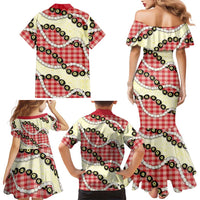 Red Palaka Hawaii Family Matching Mermaid Dress and Hawaiian Shirt Kukui Nut Pikake Lei Hawaiian Tapa Pattern - Polynesian Pride
