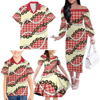 Red Palaka Hawaii Family Matching Off The Shoulder Long Sleeve Dress and Hawaiian Shirt Kukui Nut Pikake Lei Hawaiian Tapa Pattern - Polynesian Pride
