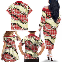 Red Palaka Hawaii Family Matching Off The Shoulder Long Sleeve Dress and Hawaiian Shirt Kukui Nut Pikake Lei Hawaiian Tapa Pattern - Polynesian Pride