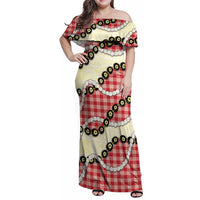 Red Palaka Hawaii Family Matching Off Shoulder Maxi Dress and Hawaiian Shirt Kukui Nut Pikake Lei Hawaiian Tapa Pattern LT14 Mom's Dress Red - Polynesian Pride