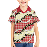 Red Palaka Hawaii Family Matching Off Shoulder Maxi Dress and Hawaiian Shirt Kukui Nut Pikake Lei Hawaiian Tapa Pattern LT14 Son's Shirt Red - Polynesian Pride