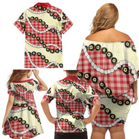 Red Palaka Hawaii Family Matching Off Shoulder Short Dress and Hawaiian Shirt Kukui Nut Pikake Lei Hawaiian Tapa Pattern - Polynesian Pride