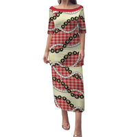 Red Palaka Hawaii Family Matching Puletasi and Hawaiian Shirt Kukui Nut Pikake Lei Hawaiian Tapa Pattern LT14 Mom's Dress Red - Polynesian Pride