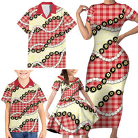 Red Palaka Hawaii Family Matching Short Sleeve Bodycon Dress and Hawaiian Shirt Kukui Nut Pikake Lei Hawaiian Tapa Pattern - Polynesian Pride