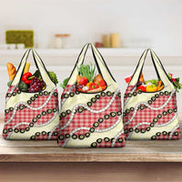 Red Palaka Hawaii Grocery Bag Kukui Nut Pikake Lei Hawaiian Tapa Pattern - Polynesian Pride