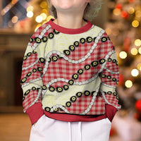 Red Palaka Hawaii Kid Ugly Christmas Sweater Kukui Nut Pikake Lei Hawaiian Tapa Pattern - Polynesian Pride