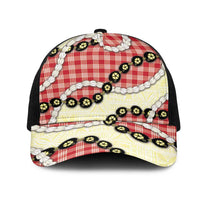Red Palaka Hawaii Mesh Trucker Cap Kukui Nut Pikake Lei Hawaiian Tapa Pattern - Polynesian Pride